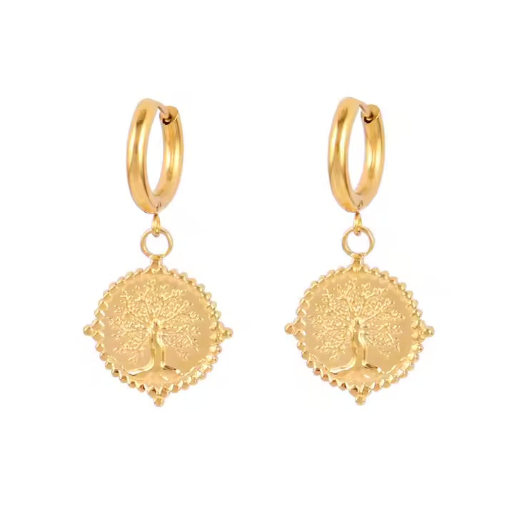 Eternal Tree Coin Hoop Earrings