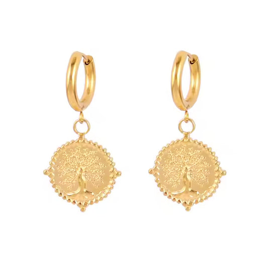 Eternal Tree Coin Hoop Earrings